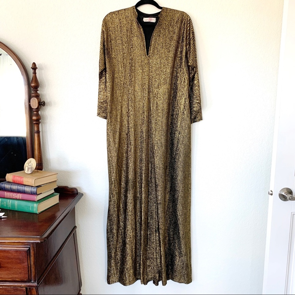 Iconic 1970s Halston IV Long Metallic Gold Lame Lurex Caftan Dress